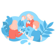 Cartoon People playing a board game with cards. Friends and family spend time together at home during quarantine. Self-isolation activity and Indoors hobby for kids