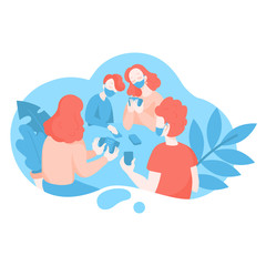 Cartoon People playing a board game with cards. Family spend time together at home during quarantine. Self-isolation activity and Indoors hobby for kids