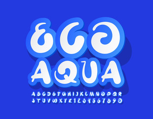 Vector blue and white sign Eco Aqua. Sticker creative Font. Artistic Alphabet Letters and Numbers