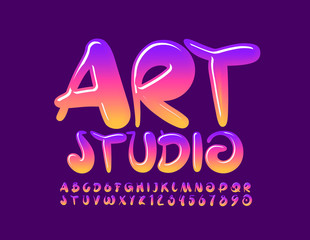 Vector creative banner Art Studio with bright glossy Font Gradient color Alphabet Letters and Numbers