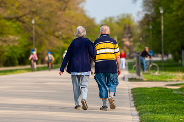 Stroll. Elderly man and woman walk along a park path