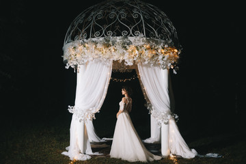 evening night photograph of the bride with lights in the arch, wedding evening photo in full growth, landscape, lights, night time