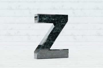 Marble 3d letter Z uppercase. Dark green marble letter on white wood background. 3d render.