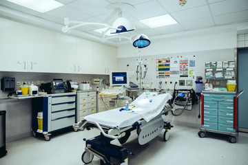 Empty trauma room prepared for Covid 19 patients in hospital