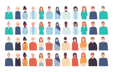 Vector set. Illustrations, icons in flat style of people isolated on white. Modern multicultural, multiethnic society. European, african, asian, american. Men and women. Doctors. Healthcare, medicine