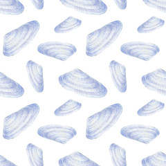 Marine seamless patern of sea shells. Watercolor illustration for textile, greeting cards,