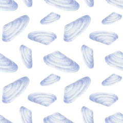 Marine seamless patern of sea shells. Watercolor illustration for textile, greeting cards,