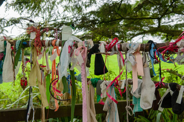 Ribbons, cloth and gifts hanging from the branches of a tree at the Holy Well shrine for Saint Brigid of Kildare.