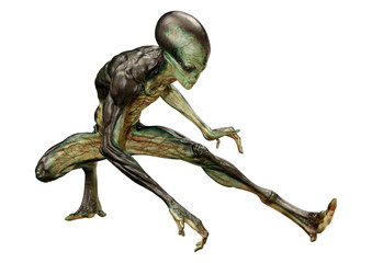 3D Rendering Green Alien on White