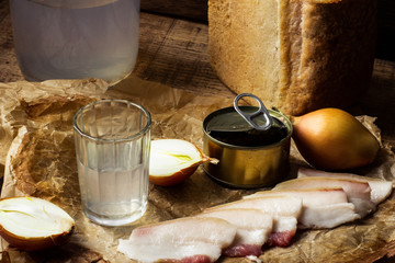  Country still life. Vodka and salo. Retro style.