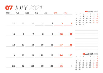 Calendar page for July 2021. Monthly planner. Stationery design. Week starts on Monday.