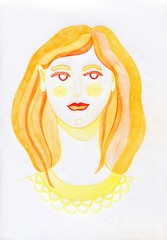 Childish style original illustration with abstract girl's face in yellow and orange colors