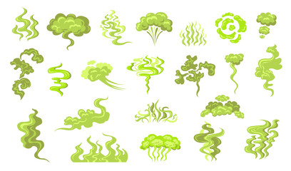 Smelling smoke flat icon kit. Cartoon bad odor cloud, green stinky aroma and dirt toxic steam vector illustration set. Smell breath and stink fart stench concept - obrazy, fototapety, plakaty
