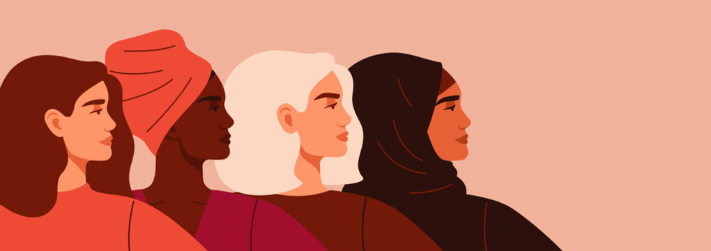 Portraits of Four women of different nationalities and cultures standing together. The concept of gender equality and of the female empowerment movement.