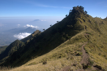 Landscape view from the merbabu mountain hiking trail. Central Java/Indonesia.