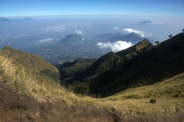 Landscape view from the merbabu mountain hiking trail. Central Java/Indonesia.