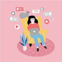 A cozy illustration of work from home. Woman freelancer is working on a laptop in a chair with a cat.