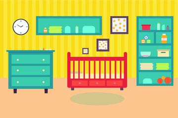 Baby room with furniture. Nursery and playroom interior. Flat style vector illustration.