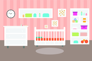 Fototapeta premium Baby room with furniture. Nursery and playroom interior. Flat style vector illustration.