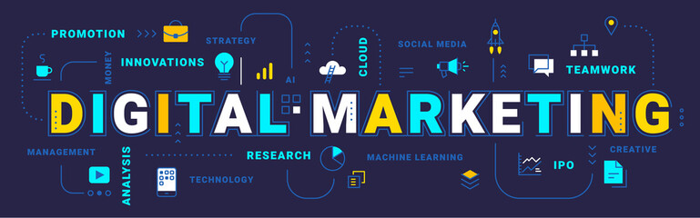 Vector creative business illustration of digital marketing word lettering typography with icon and tag cloud on dark background.