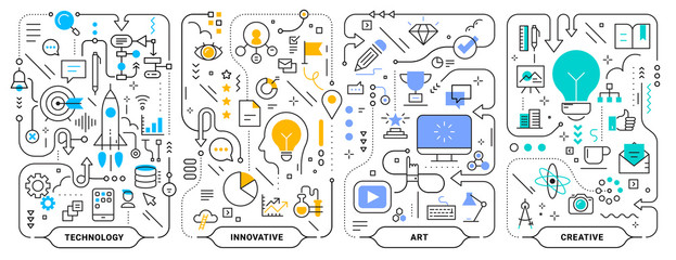 Vector creative set of business concept horizontal illustration on white background. Innovate technology business process template.