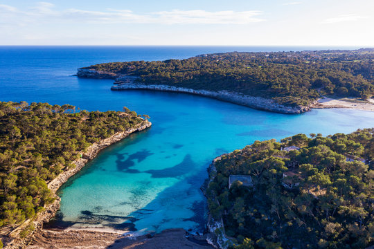 Spain, Balearic Islands, Santanyi, Aerial view of Cala Mondrago in Mondrago Natural Park