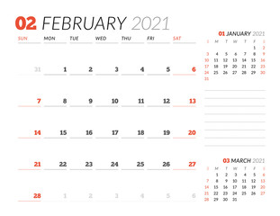 Calendar page for February 2021. Monthly planner. Stationery design. Week starts on Sunday.