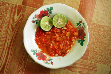 Sambal terasi jeruk nipis (Indonesia) or Lime shrimp paste sauce tastes is good, suitable for grilled fish and vegetables.