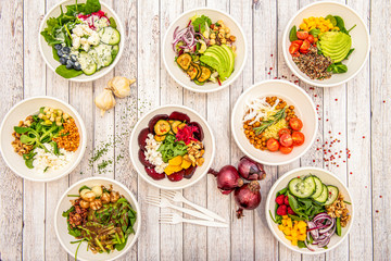overhead shot of various healthy food dishes