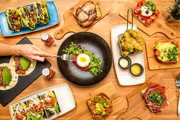 overhead photo of tacos and tostas
