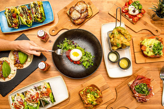 overhead photo of tacos and tostas