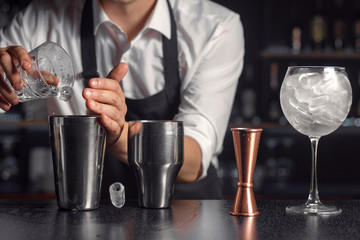Bartender adds ice cubes into cocktail shaker. One ice cube fallen out.