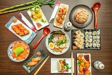 raw fish dishes and Japanese sushi