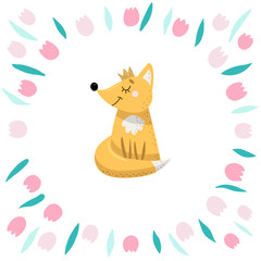 Greeting card with a round frame of tulips on a white background and a cartoon fox in a crown