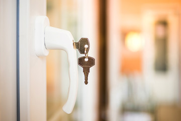 Secure window handle with key in closeup