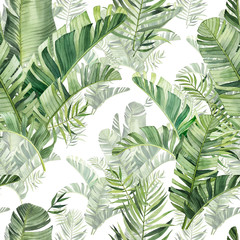 Pattern with beautiful watercolor tropical leaves. Tropics. Realistic tropical leaves. - 341392354