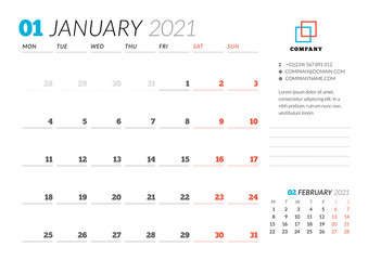 Corporate design planner template for January 2021. Monthly planner. Stationery design. Week starts on Monday.
