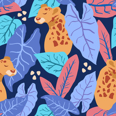 Tropical leaves with leopard seamless pattern. Vector background