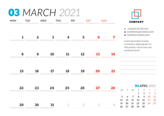 Corporate design planner template for March 2021. Monthly planner. Stationery design. Week starts on Monday.