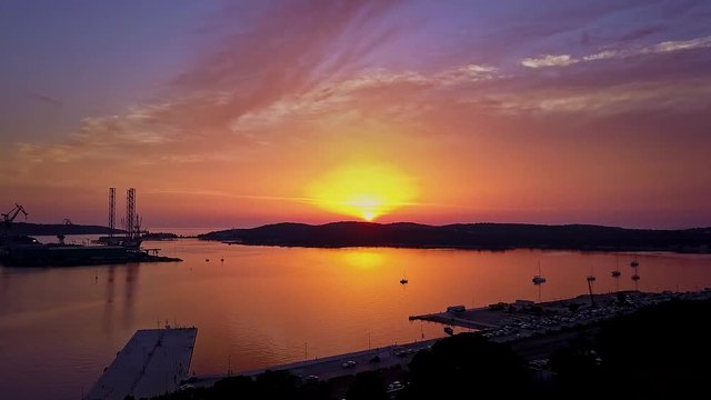 Aerial view of Pula Harbour during sunset, Istria, Croatia