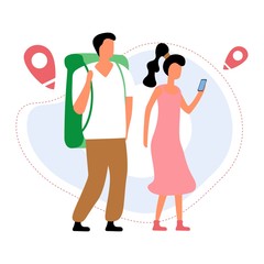 Young romantic couple during hiking adventure travel or camping trip. Flat colorful vector illustration.