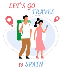 Lets go travel to spain. Young romantic couple during hiking adventure travel or camping trip. Flat colorful vector illustration.