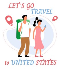 Lets go travel to USA. Young romantic couple during hiking adventure travel or camping trip. Flat colorful vector illustration.