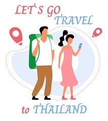 Lets go travel to thailand. Young romantic couple during hiking adventure travel or camping trip. Flat colorful vector illustration.