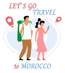 Lets go travel to morocco. Young romantic couple during hiking adventure travel or camping trip. Flat colorful vector illustration.