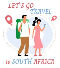 Lets go travel to sauth africa. Young romantic couple during hiking adventure travel or camping trip. Flat colorful vector illustration.