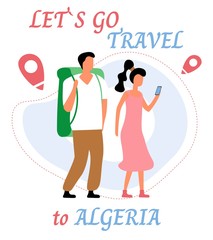 Lets go travel to algeria. Young romantic couple during hiking adventure travel or camping trip. Flat colorful vector illustration.