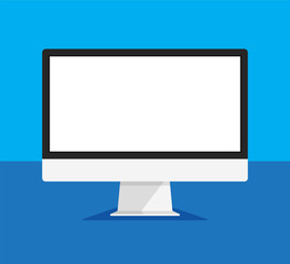 Computer monitor in a trendy flat style. Empty or blank display screen. Computer mock up isolated on blue background. Equipment for office. Vector illustration.	
