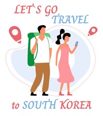 Lets go travel to south korea. Young romantic couple during hiking adventure travel or camping trip. Flat colorful vector illustration.