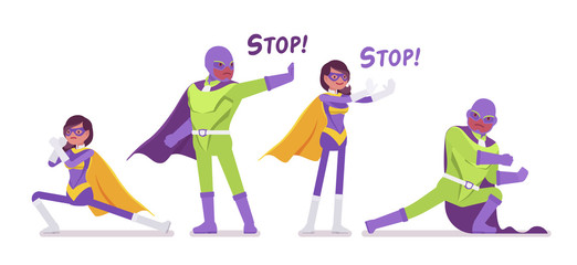 Male, female super hero in costume, fight and stop pose. Attractive heroic strong brave warriors, superpower people having super powers, extraordinary abilities. Vector flat style cartoon illustration